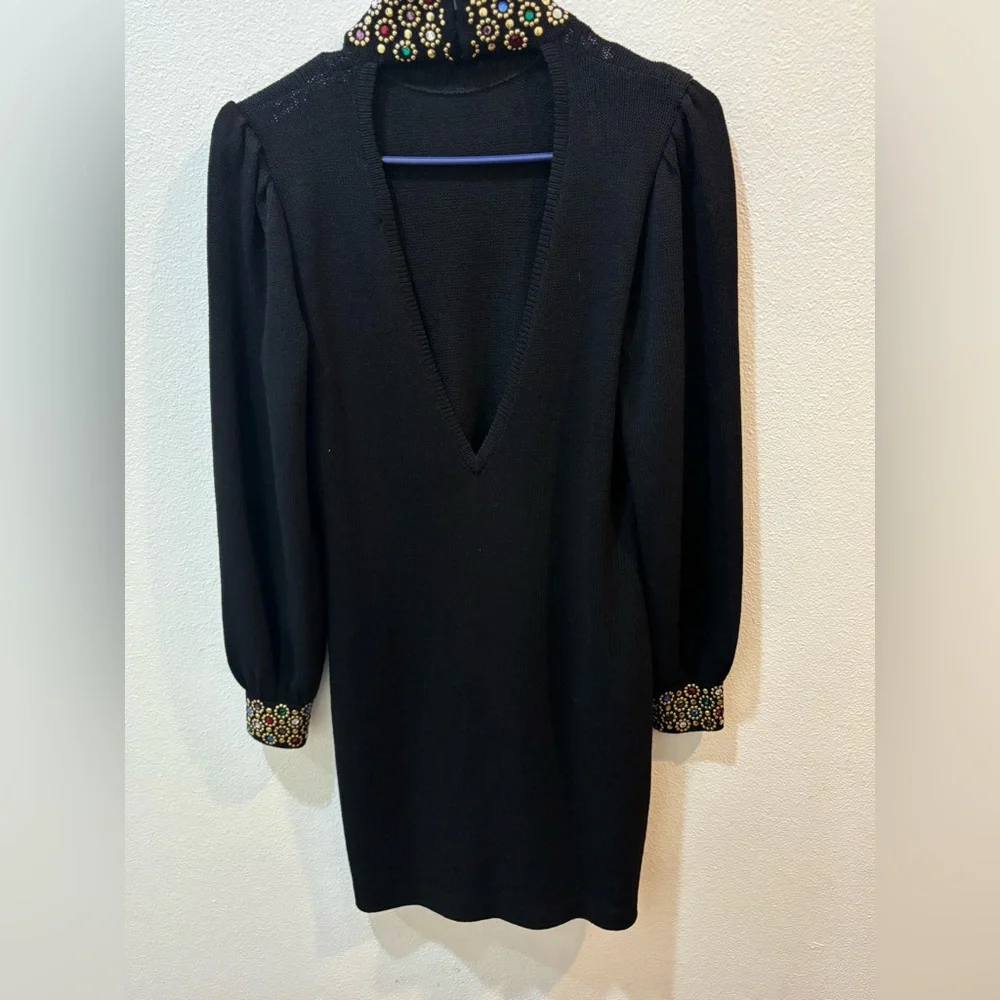 Vintage St.John Santana Knit Black Embellished Dress Jeweled Collar Size 4 - Picture 5 of 16